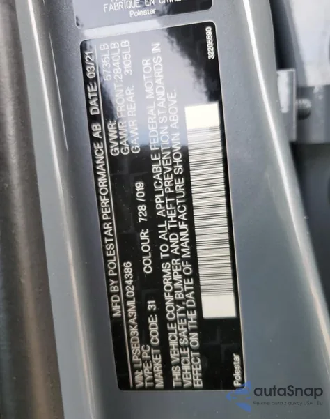 2021 Polestar 2 z USA, uszkodzony, nr VIN LPSED3KA3ML024386